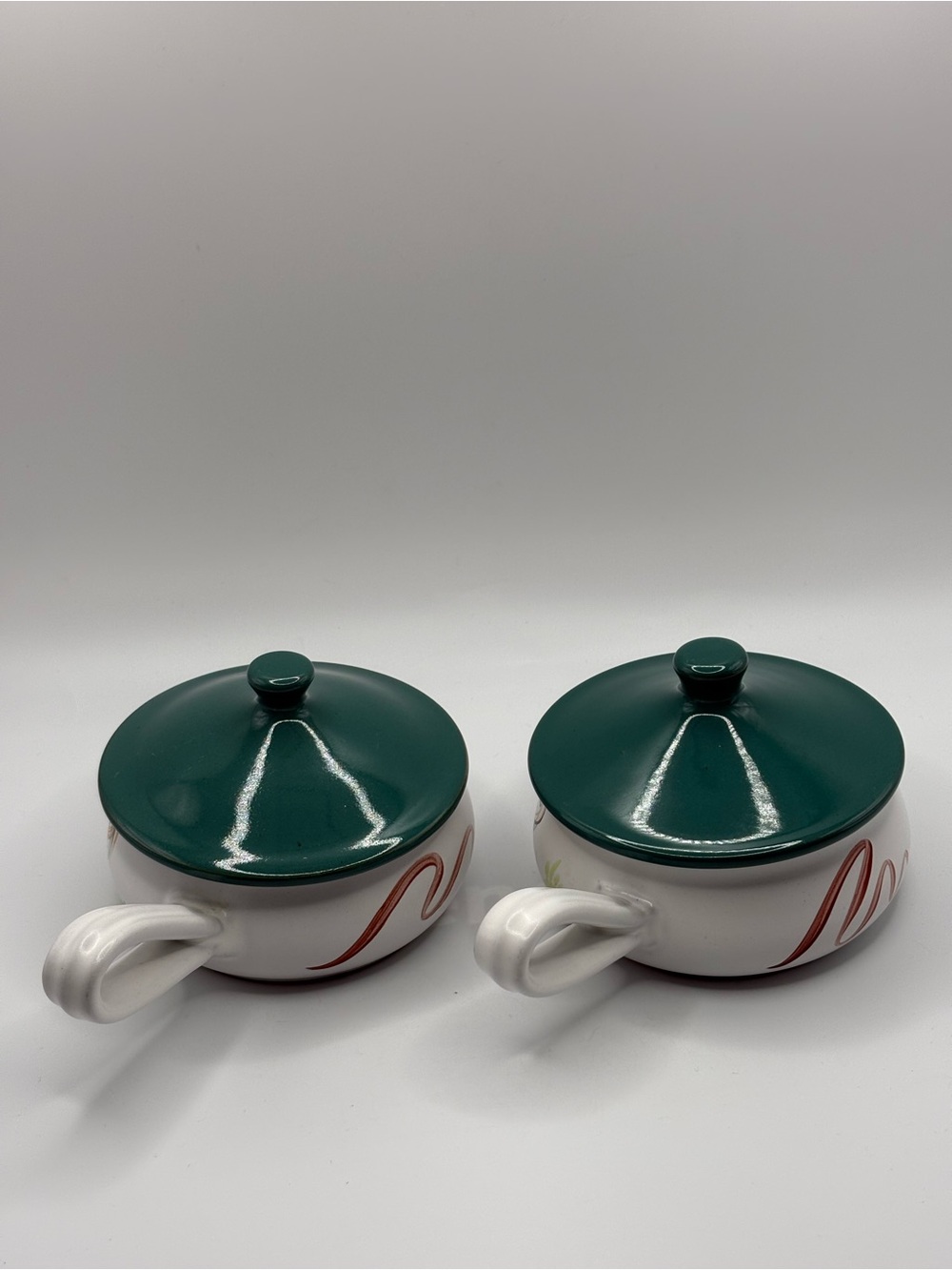 2 Denby Stoneware 'Flair' Individual Casserole Dishes & Lids Rooster Hare Signed
